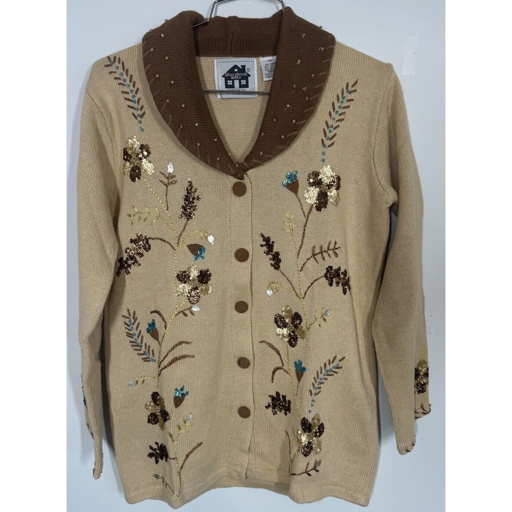 Storybook Knits Fall Inspired Novelty Cardigan Sweater Beaded‎ Sequins Size XS